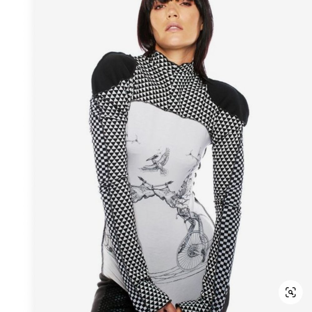 Nuvula mock neck graphic mixed media top